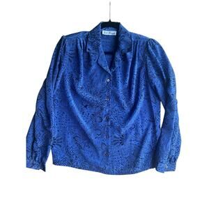 Vintage Jerry Marque Paisley Retro Secretary Glam Blouse Button Up Blue Size L